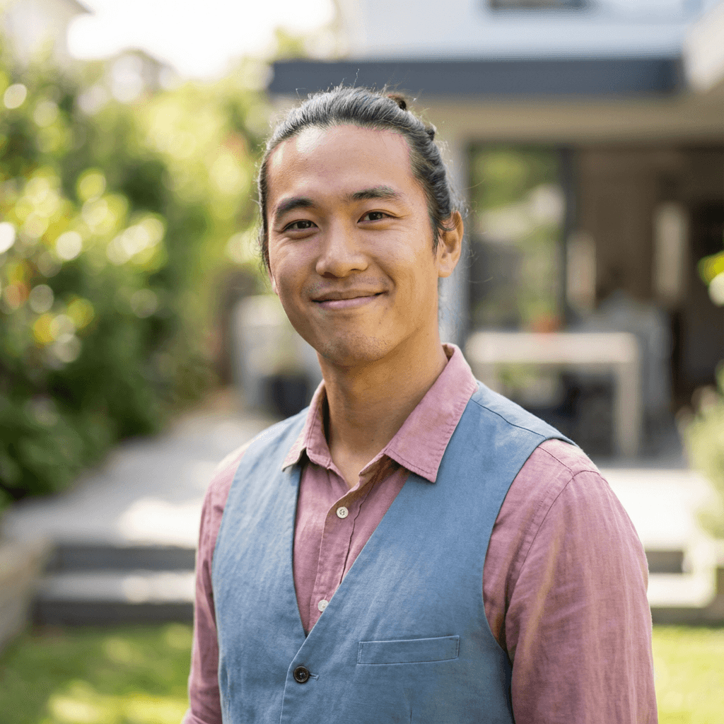 Male cat owner in his late 20s, East Asian, holding a kitten in a bright apartment