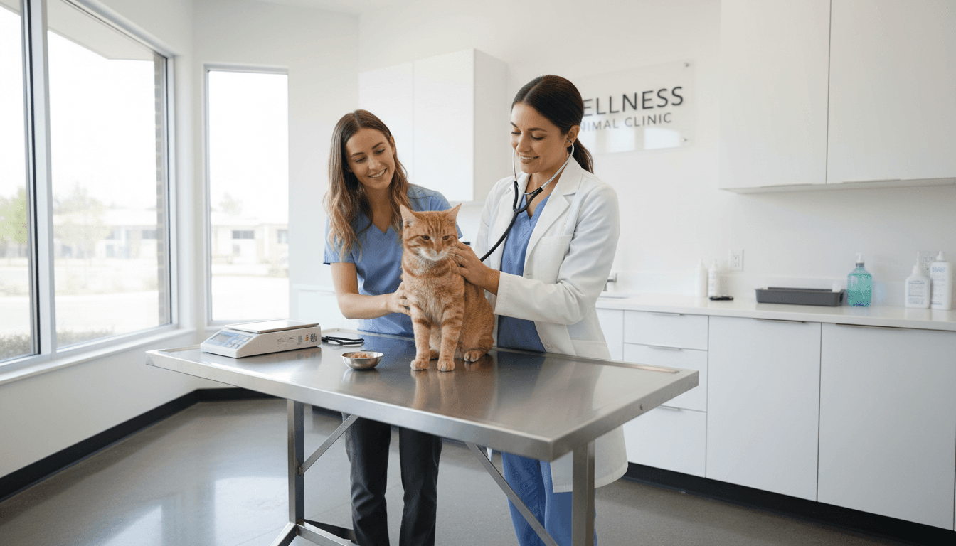 Veterinarian gently examining a cat on an exam table in a bright modern clinic