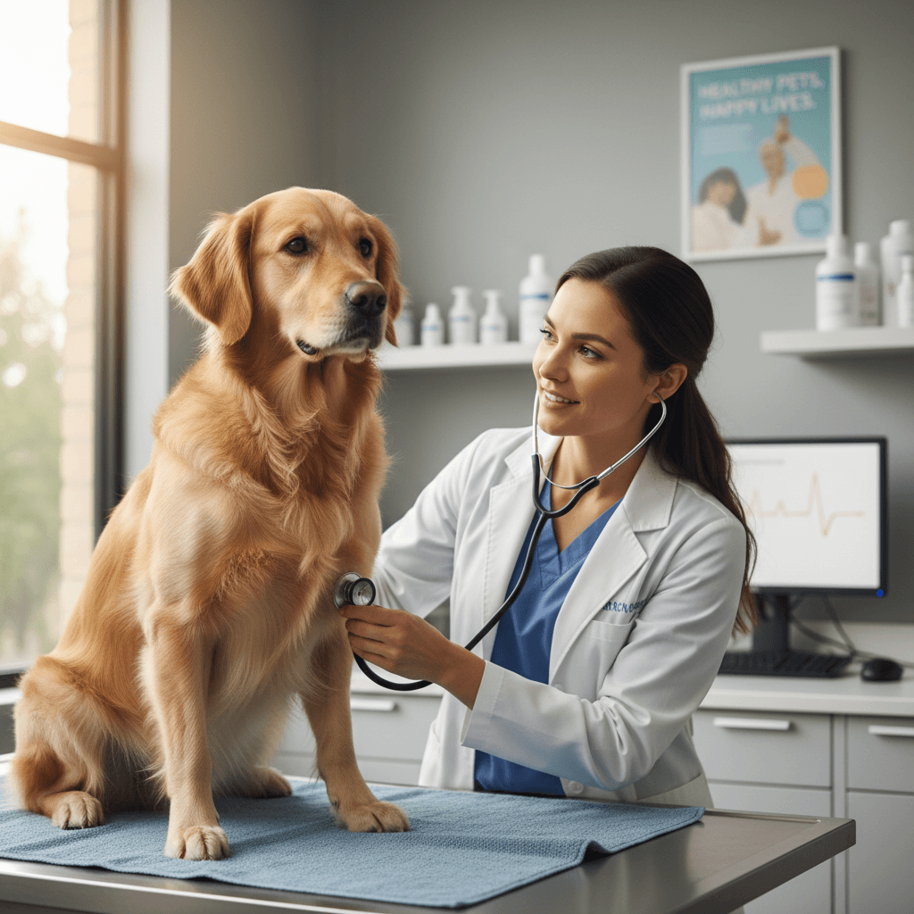 Veterinarian using a stethoscope to listen to a dog's heart