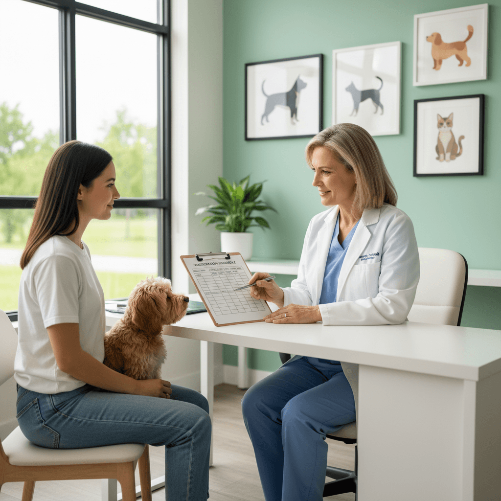 Veterinarian discussing vaccination schedule with dog owner in bright, modern clinic