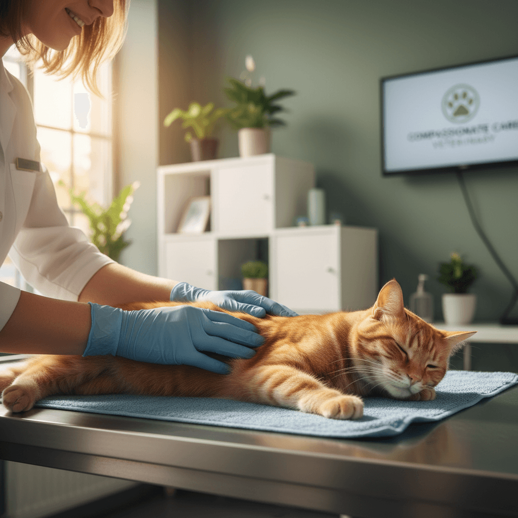 Veterinarian's hands gently examining a calm cat's abdomen in a well-lit clinic room