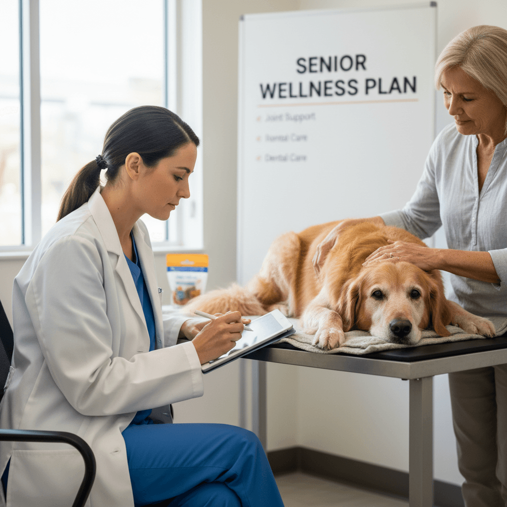 Veterinarian taking notes while a senior dog sits beside its owner during a consultation