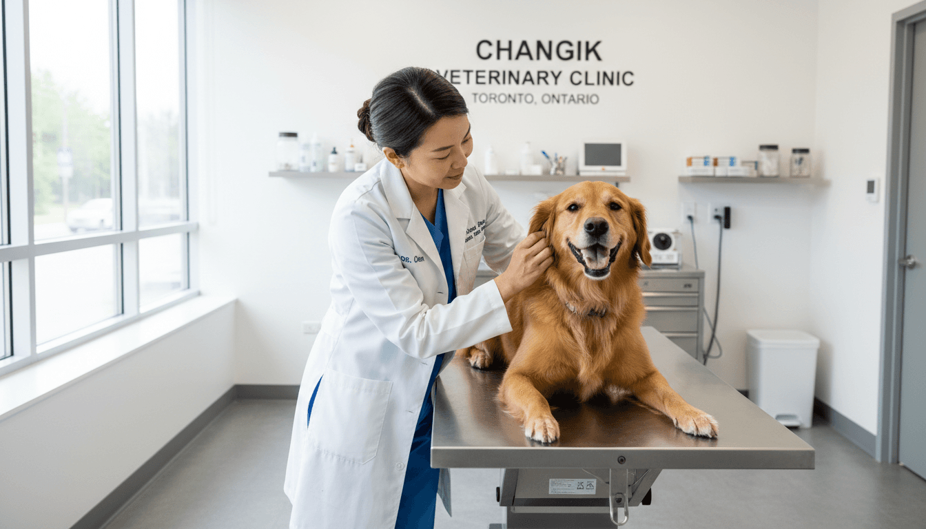 Veterinarian examining a happy dog in a bright modern clinic setting