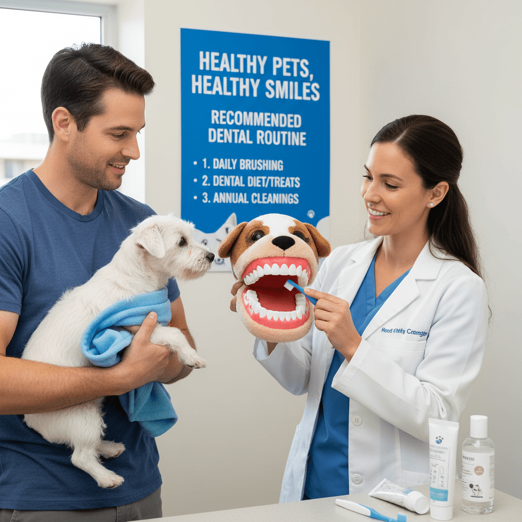 Veterinarian showing a pet owner the proper way to brush a dog's teeth