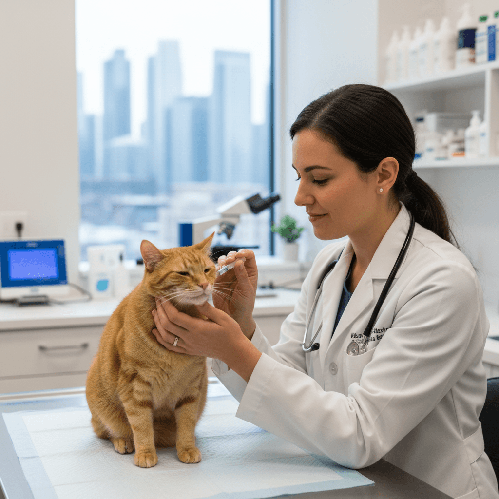 Veterinarian giving oral medication to a calm cat on an exam table in a bright clinic.