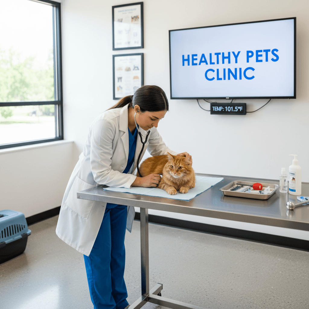 Veterinarian gently examining a calm cat on an exam table