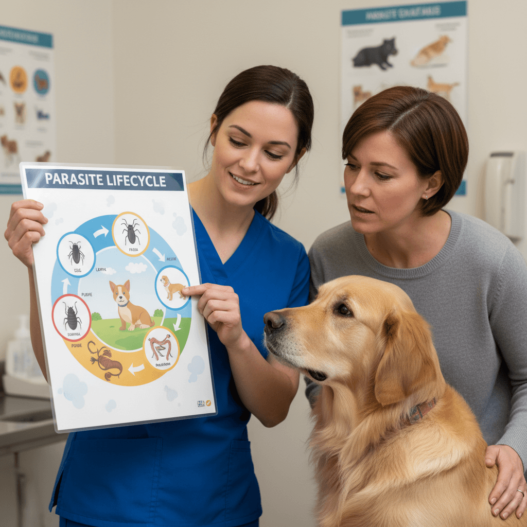 Veterinarian holding a visual aid and explaining parasite prevention to a client
