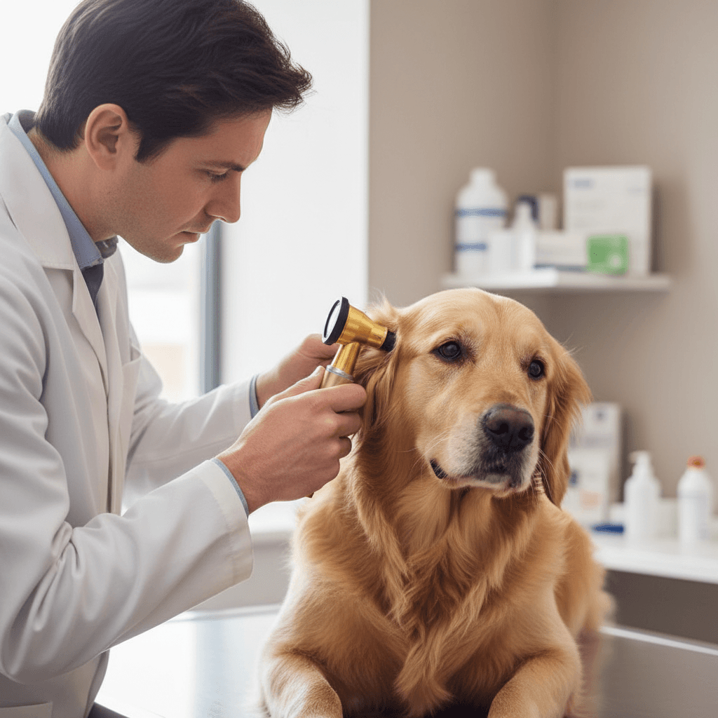 Veterinarian gently examining a golden retriever in a bright modern clinic