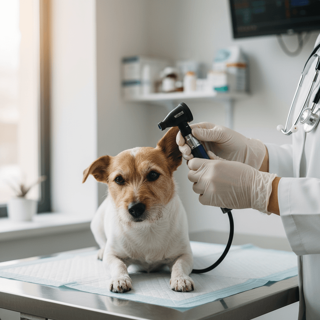 Veterinarian helping a small dog stand on a scale during a checkup in a bright exam room