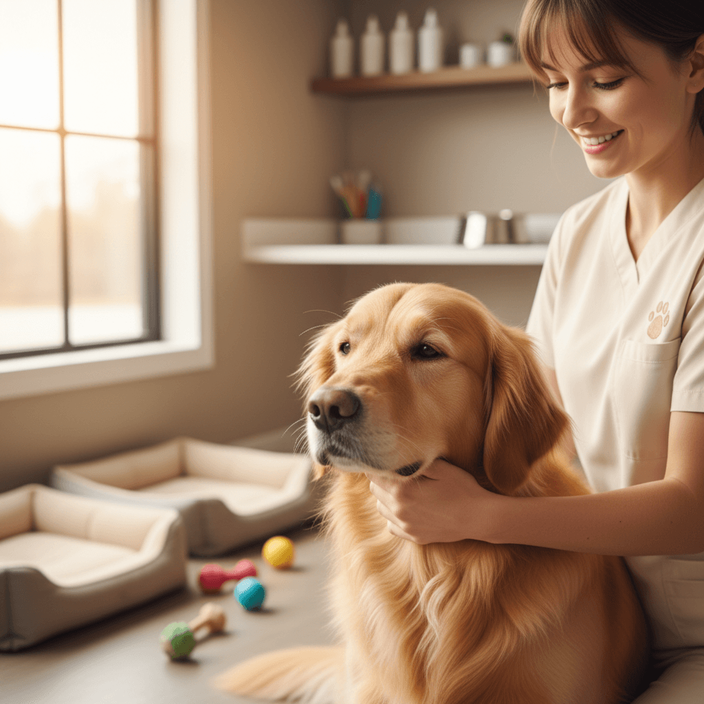 Pet owner sharing a happy moment with their dog in the clinic lobby