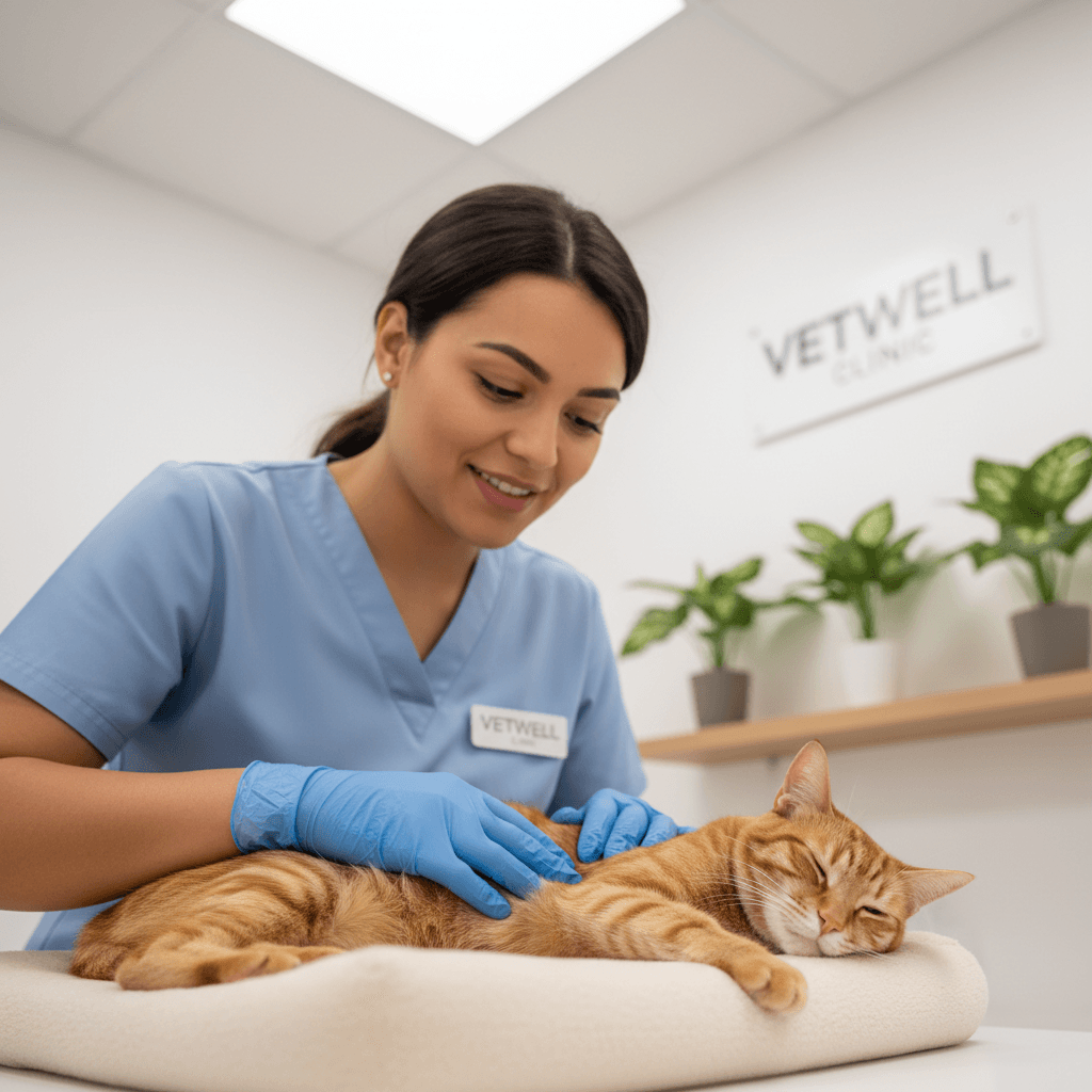 Veterinarian gently administering oral medication to a cooperative cat on an exam table