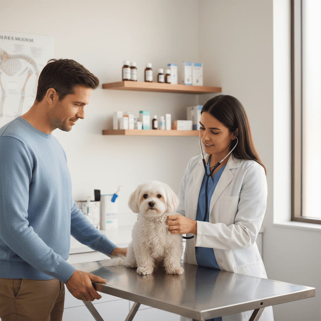 Veterinarian gently examining a relaxed dog with a stethoscope in a bright clinic room