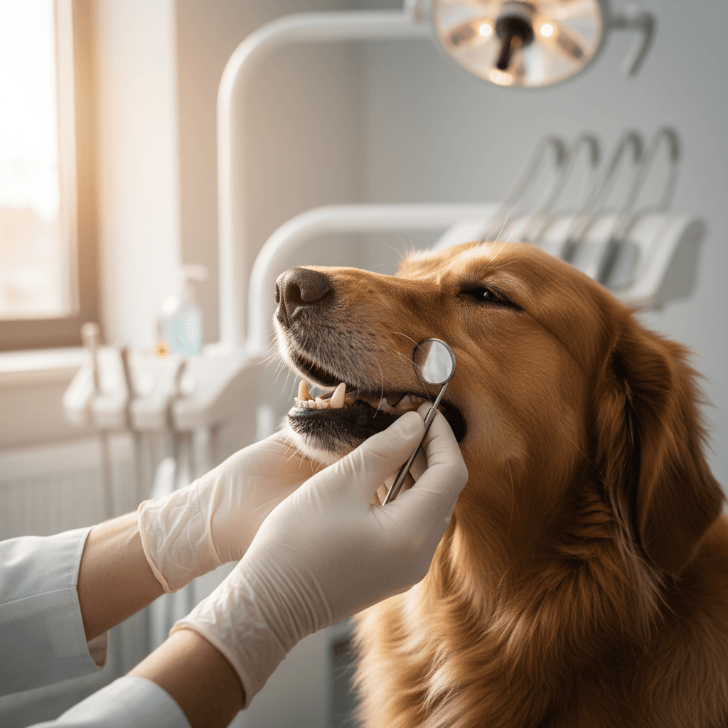 Veterinarian showing a pet owner how to care for their dog's teeth in an exam room