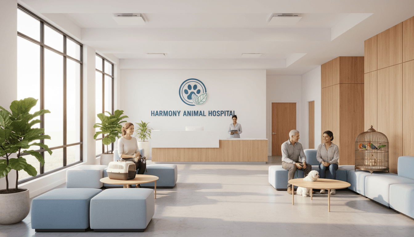 Clean and welcoming waiting area at a modern vet clinic