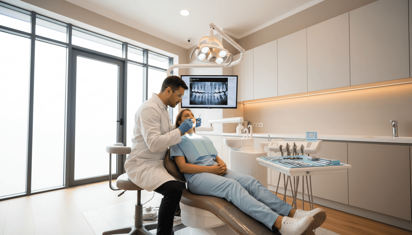 Veterinarian examining a happy dog in a bright modern clinic
