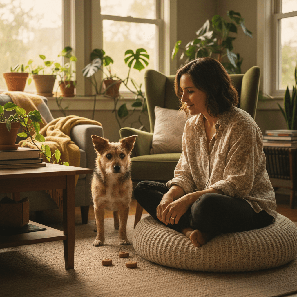 Vet using a gentle approach to comfort an anxious small dog