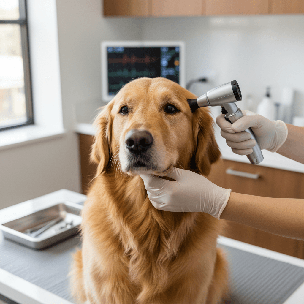 Veterinarian gently examining a happy golden retriever in a bright clinic