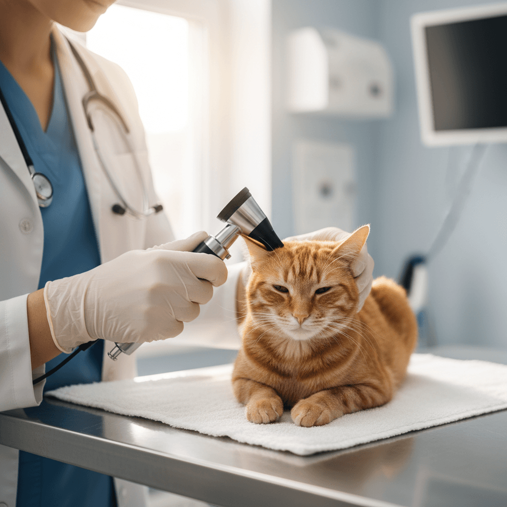 Relaxed cat sitting calmly on exam table during checkup